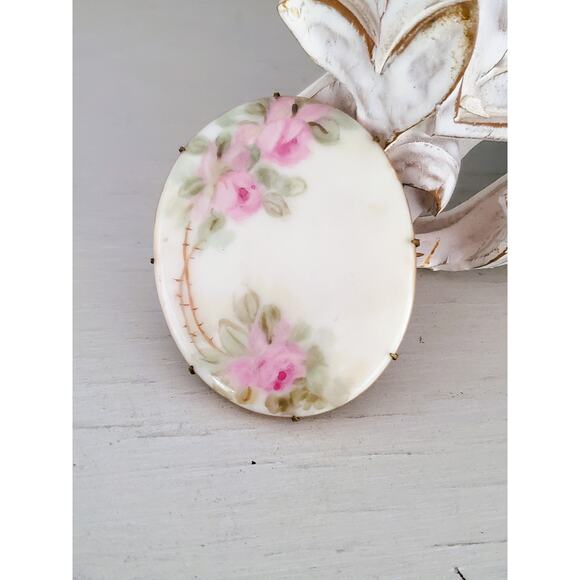 Antique Hand Painted Pink Oval Rose Brooch - Picture 1 of 7
